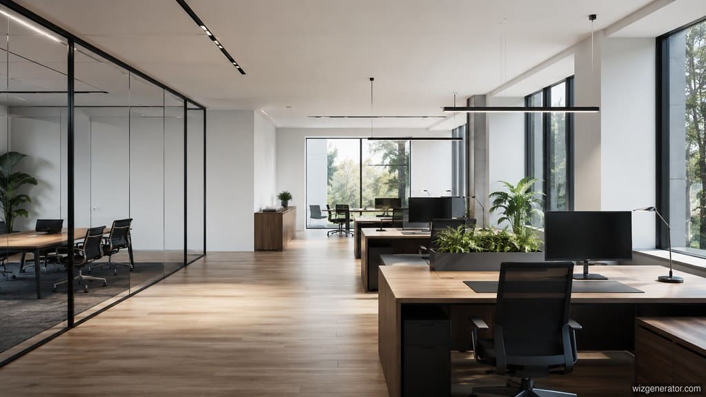 An open-plan office with glass partitions and desks